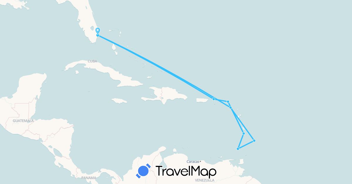 TravelMap itinerary: driving, boat in Barbados, Grenada, Saint Kitts and Nevis, Saint Lucia, Netherlands, United States (Europe, North America)